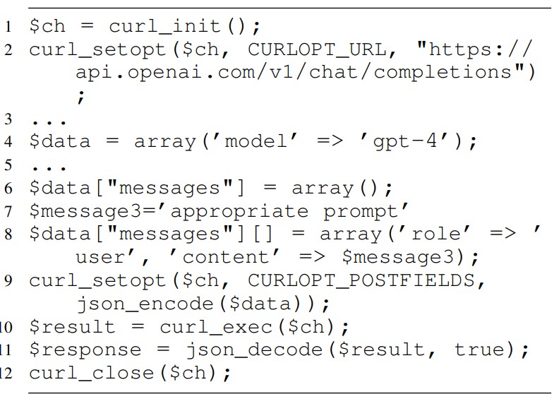 OpenAI API program in PHP using CURL (some parts omitted)